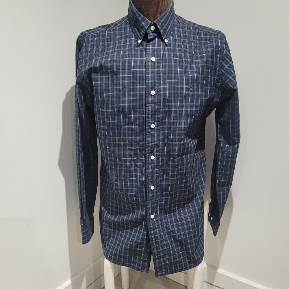 Ralph Lauren Men's Classic Fit Cotton Blue Green Plaid Button Down Medium Preppy